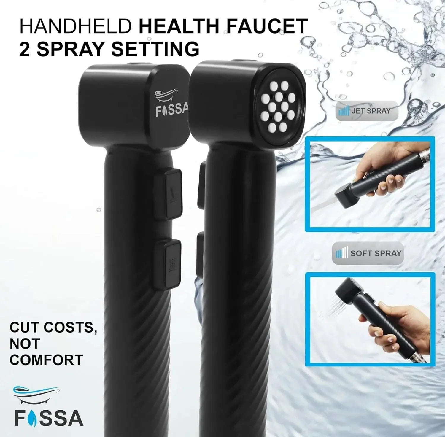 Fossa Rolex ABS Dual Function Health Faucet with Stainless Steel 1Meter Flexible Hose Pipe and Wall Hook, Jet Spray for Toilet Chrome Finish (Black) - Fossa Home