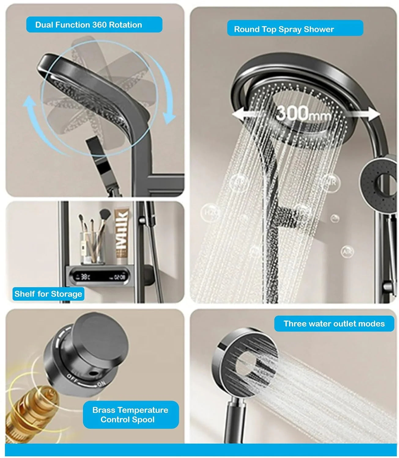 Fossa Shower Panel - Vortex with Hydropowered LED Light + Digital Display & 3 Water Functions (Gun Metal Grey) - Fossa Home