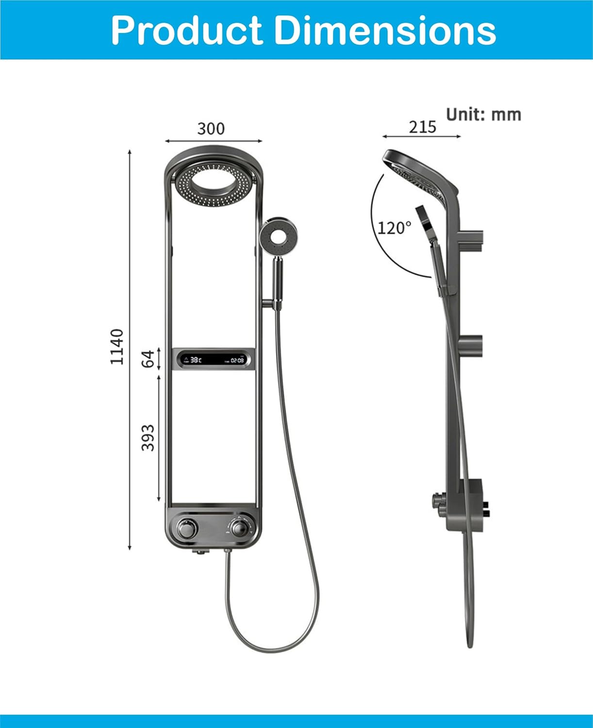 Fossa Shower Panel - Vortex with Hydropowered LED Light + Digital Display & 3 Water Functions (Gun Metal Grey) - Fossa Home