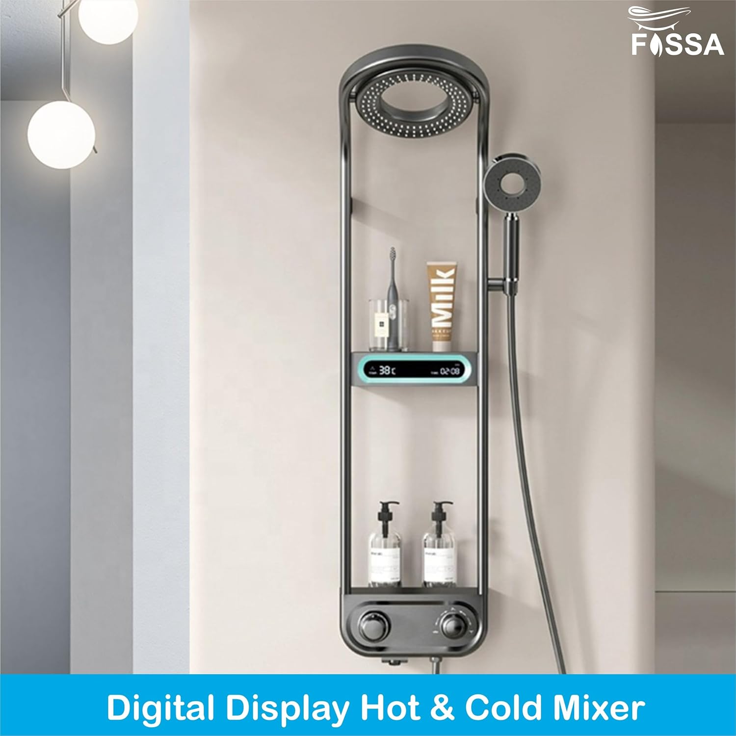 Fossa Shower Panel - Vortex with Hydropowered LED Light + Digital Display & 3 Water Functions (Gun Metal Grey) - Fossa Home