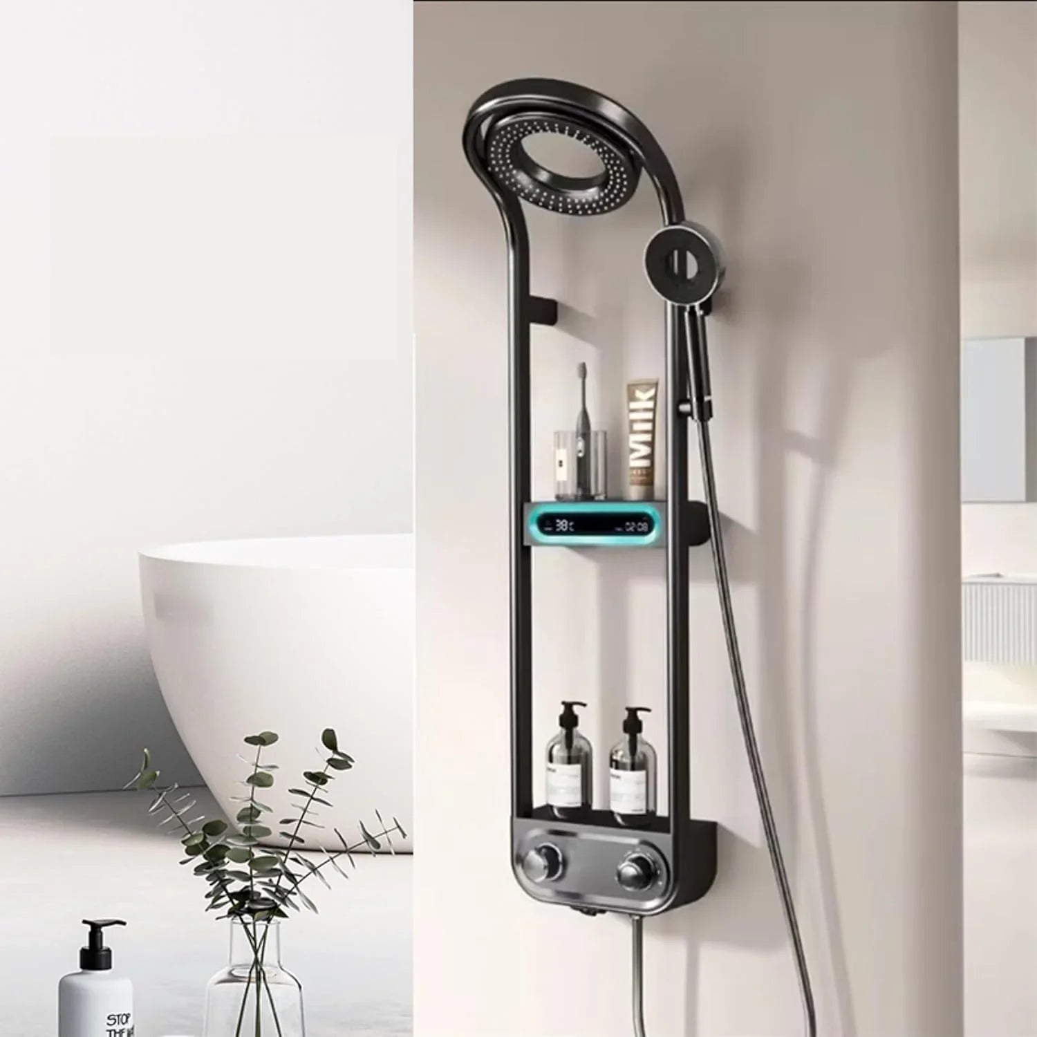 Fossa Shower Panel - Vortex with Hydropowered LED Light + Digital Display & 3 Water Functions (Gun Metal Grey) - Fossa Home