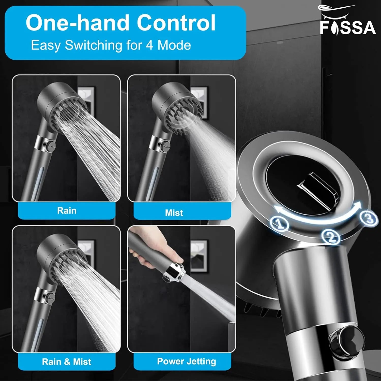 Fossa Snow 2 in 1 Handheld Shower Set with Filter, 3 - Gear Spray High Pressure Shower Head, Hard Water Softener for Shower, High Pressure Hand Shower Head for Bathroom with Pause Switch - Fossa Home
