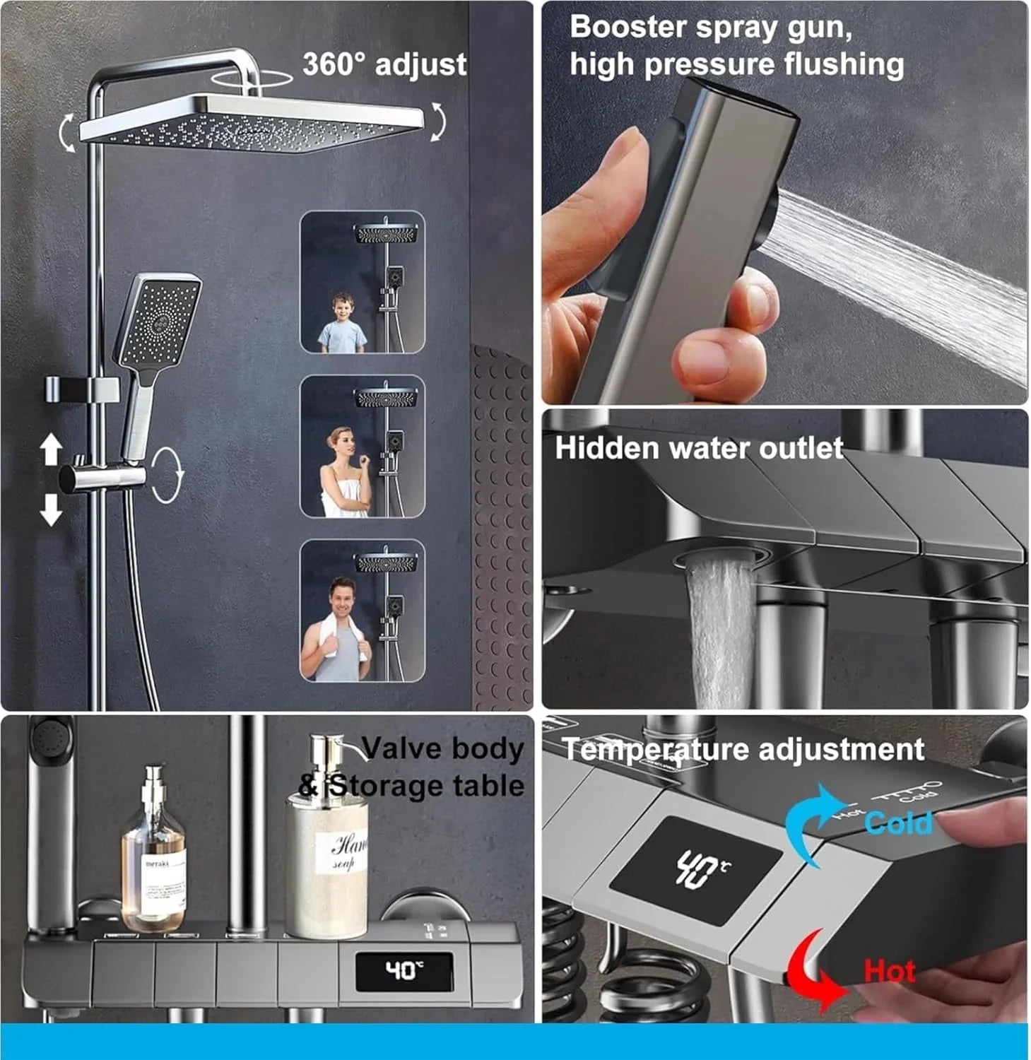 Fossa Spark Shower Thermostatic Shower System, Water Saving Shower Mixer Set, LED Screen, 4 Functions includes Handheld Shower (3 Jet Types), ABS Top Shower, Bidet Spray, Tub Spout (Black) - Fossa Home