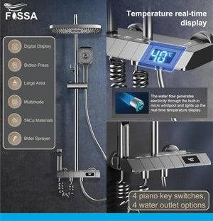 Fossa Spark Shower Thermostatic Shower System, Water Saving Shower Mixer Set, LED Screen, 4 Functions includes Handheld Shower (3 Jet Types), ABS Top Shower, Bidet Spray, Tub Spout (Black) - Fossa Home
