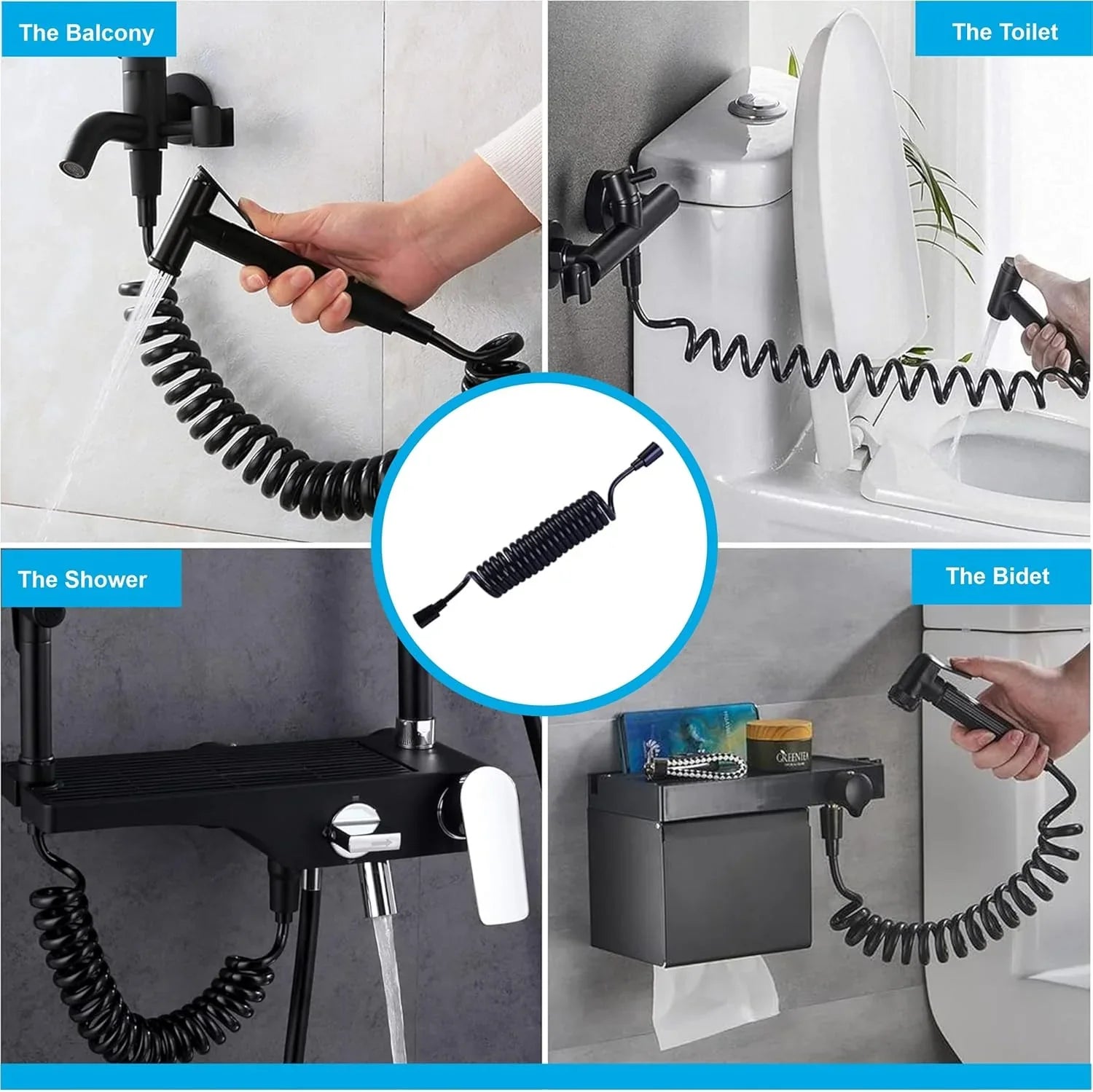 Fossa Spring Flexible Shower Hose, 1 Meter Plastic Telescopic Shower Hose for Water Plumbing Toilet Bathroom Spiral Flexible Shower (Black) - Fossa Home