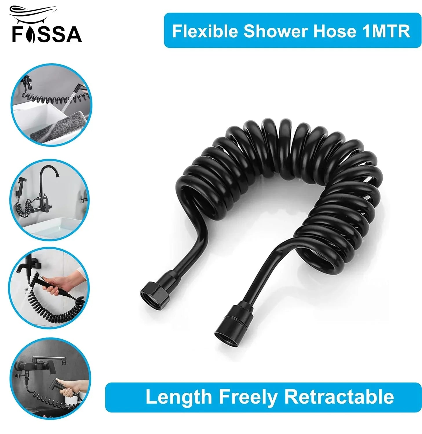 Fossa Spring Flexible Shower Hose, 1 Meter Plastic Telescopic Shower Hose for Water Plumbing Toilet Bathroom Spiral Flexible Shower (Black) - Fossa Home