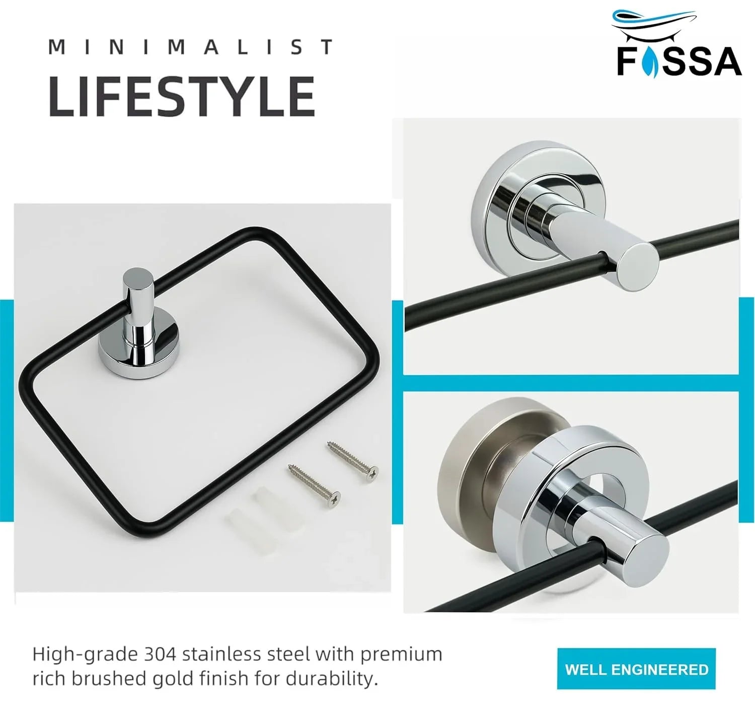 Fossa Stainless Steel Square Towel Ring for Bathroom, Napkin Holder for Wash Basin, Napkin Holder Chrome Finish (Black + Silver) - Fossa Home
