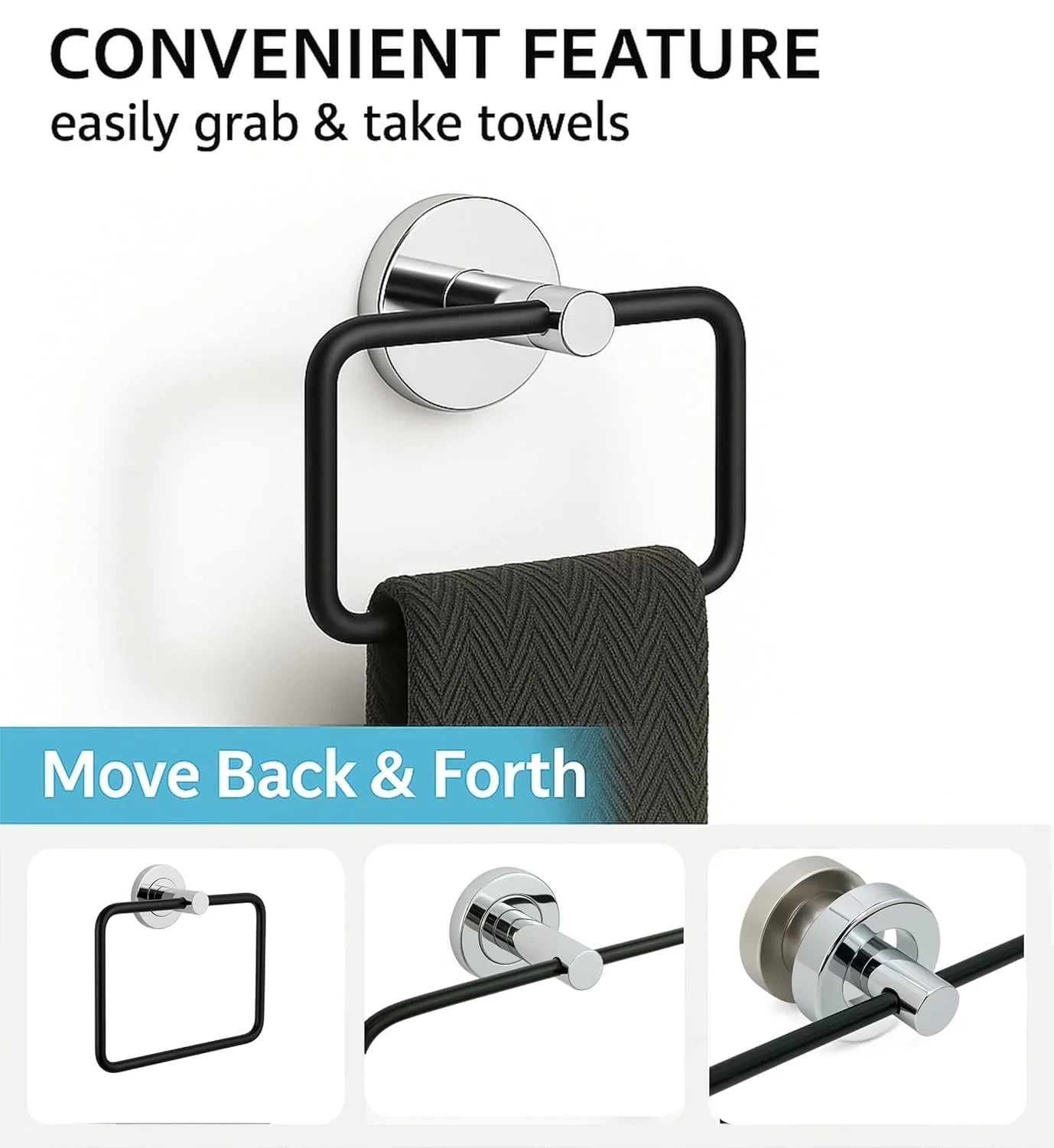 Fossa Stainless Steel Square Towel Ring for Bathroom, Napkin Holder for Wash Basin, Napkin Holder Chrome Finish (Black + Silver) - Fossa Home