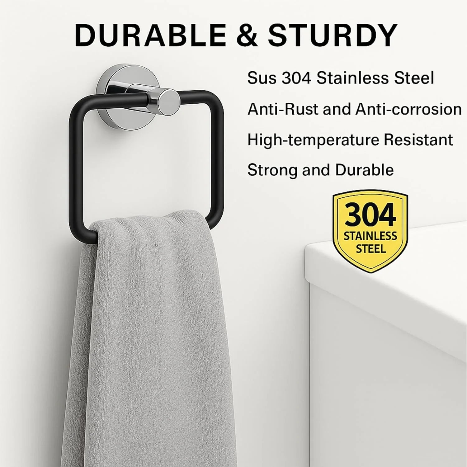 Fossa Stainless Steel Square Towel Ring for Bathroom, Napkin Holder for Wash Basin, Napkin Holder Chrome Finish (Black + Silver) - Fossa Home