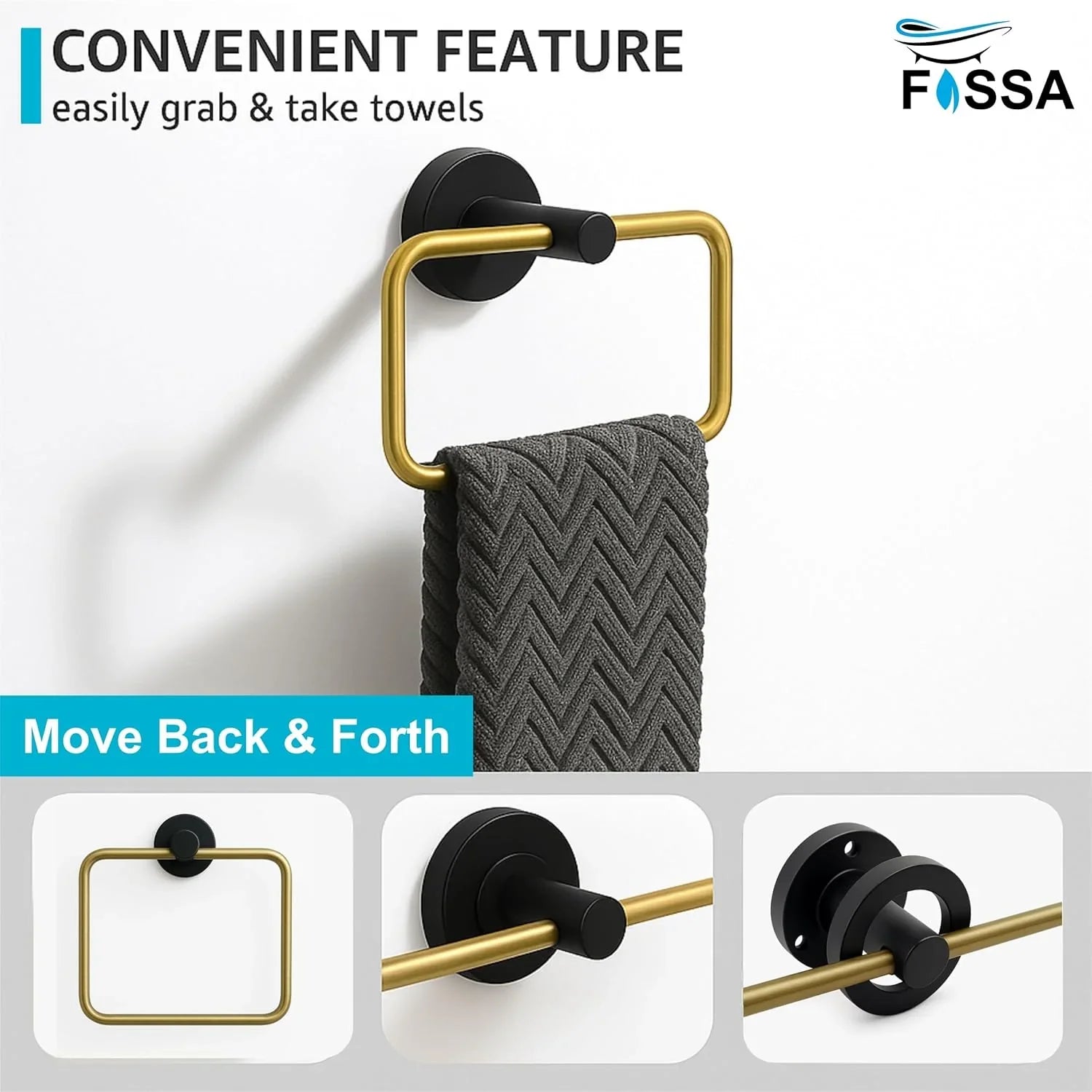 Fossa Stainless Steel Square Towel Ring for Bathroom, Napkin Holder for Wash Basin, Napkin Holder Chrome Finish (Black+Gold) - Fossa Home