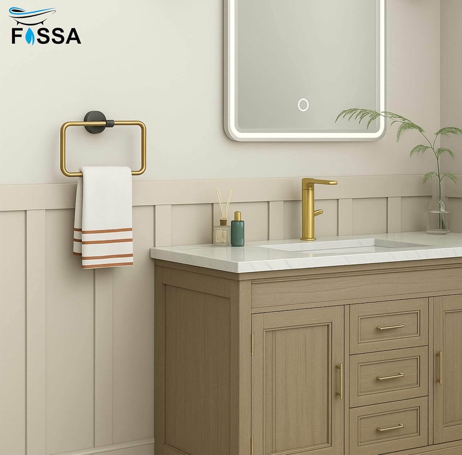 Fossa Stainless Steel Square Towel Ring for Bathroom, Napkin Holder for Wash Basin, Napkin Holder Chrome Finish (Black+Gold) - Fossa Home