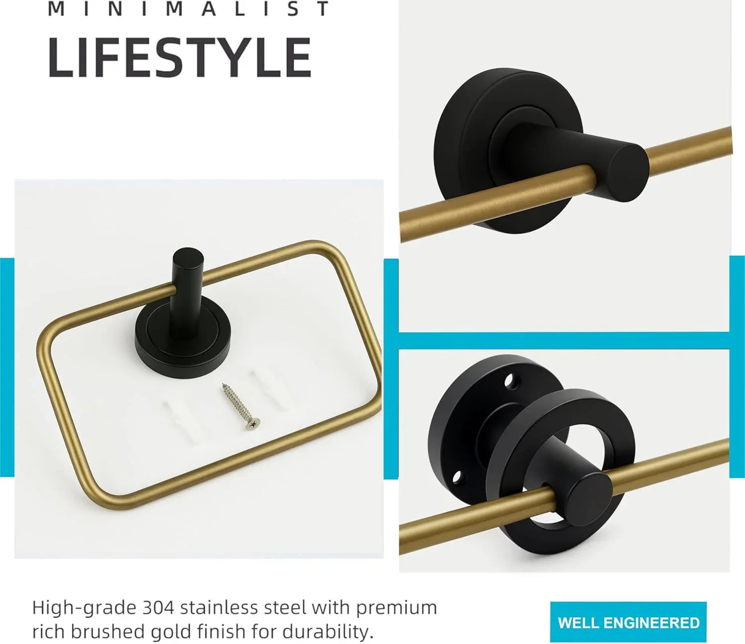 Fossa Stainless Steel Square Towel Ring for Bathroom, Napkin Holder for Wash Basin, Napkin Holder Chrome Finish (Black+Gold) - Fossa Home