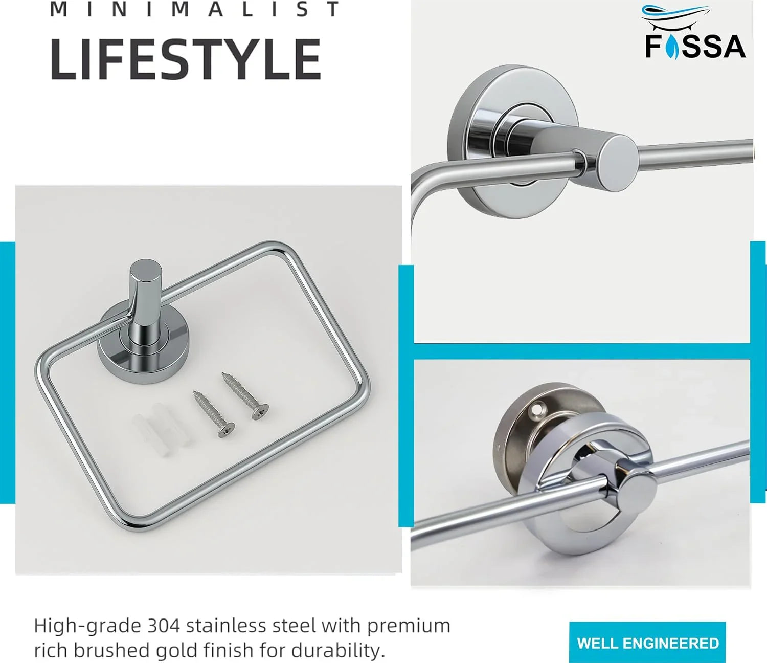 Fossa Stainless Steel Square Towel Ring for Bathroom, Napkin Holder for Wash Basin, Napkin Holder Chrome Finish (Silver) - Fossa Home