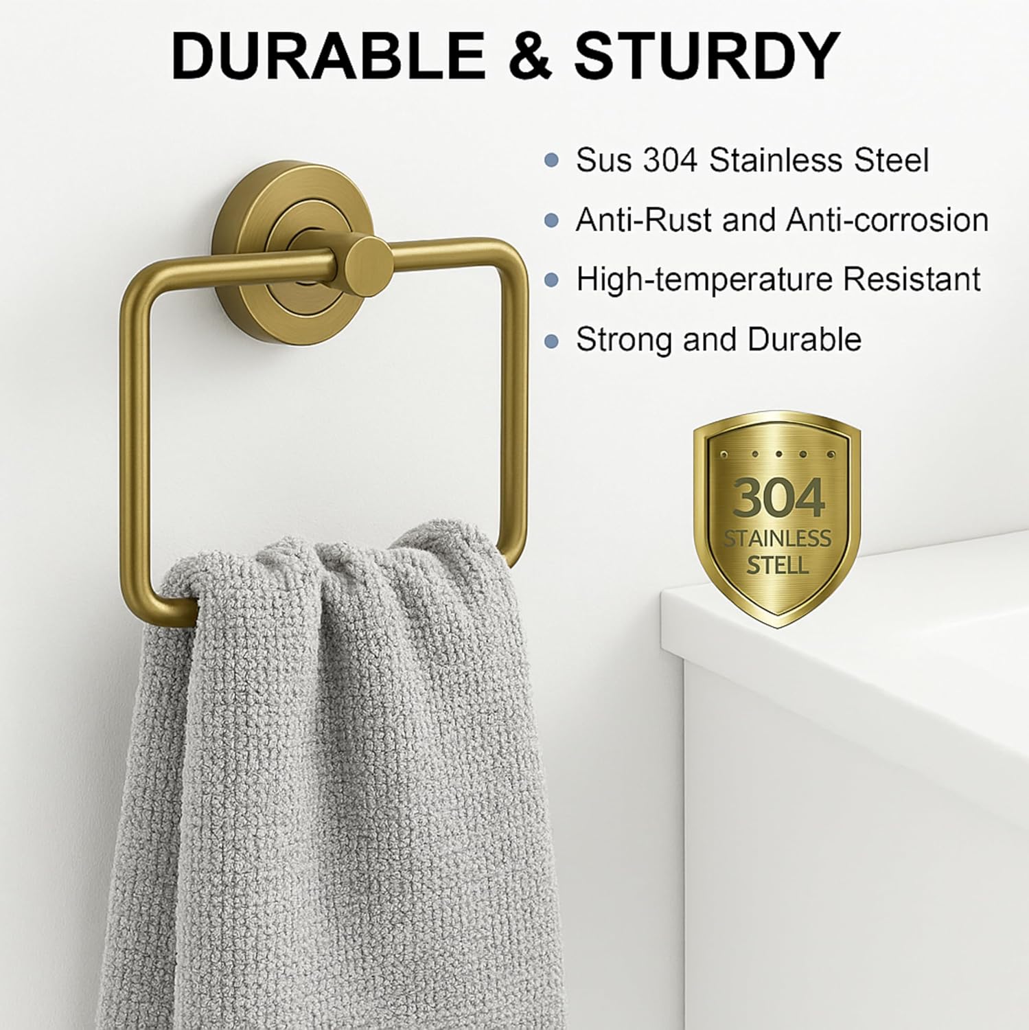 Fossa Stainless Steel Square Towel Ring for Bathroom, Napkin Holder for Wash Basin, Napkin Holder Matte Finish (Gold) - Fossa Home
