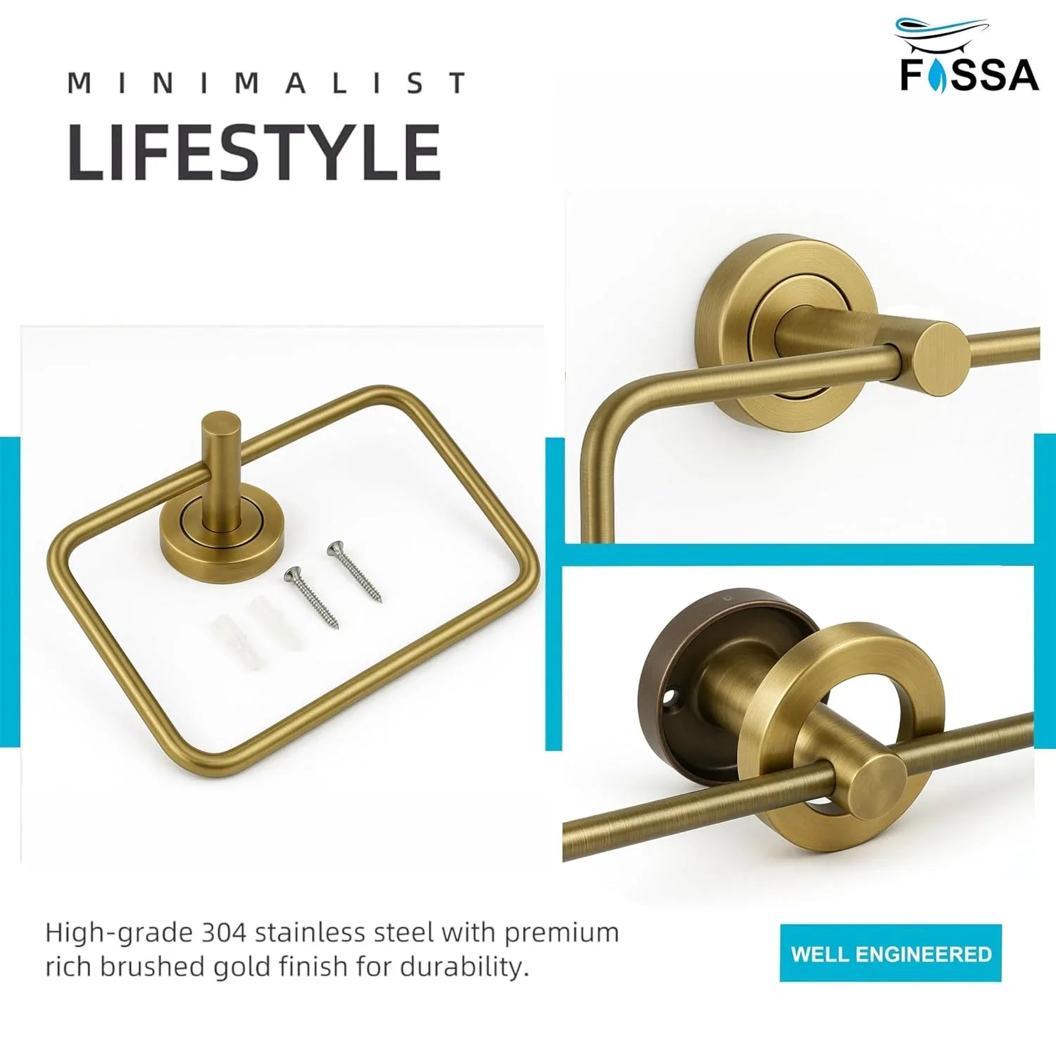 Fossa Stainless Steel Square Towel Ring for Bathroom, Napkin Holder for Wash Basin, Napkin Holder Matte Finish (Gold) - Fossa Home