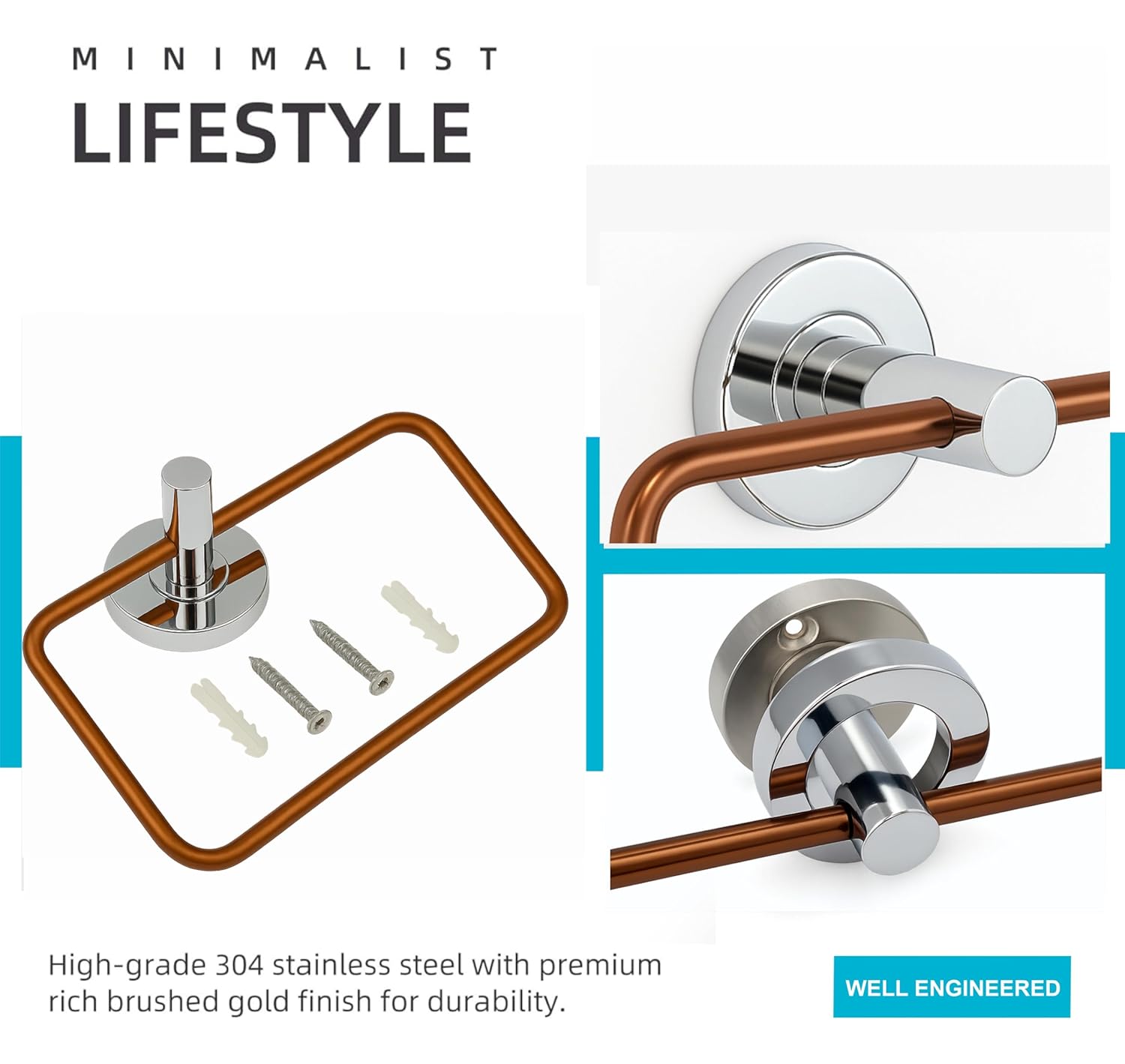 Fossa Stainless Steel SquareTowel Ring for Bathroom, Napkin Holder for Wash Basin, Napkin Holder Chrome Finish (Rose Gold + Silver) - Fossa Home