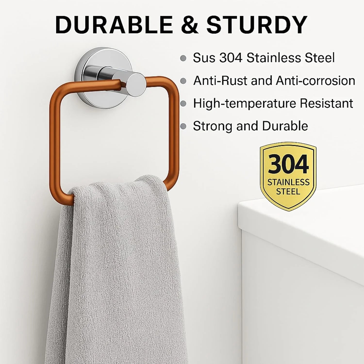 Fossa Stainless Steel SquareTowel Ring for Bathroom, Napkin Holder for Wash Basin, Napkin Holder Chrome Finish (Rose Gold + Silver) - Fossa Home