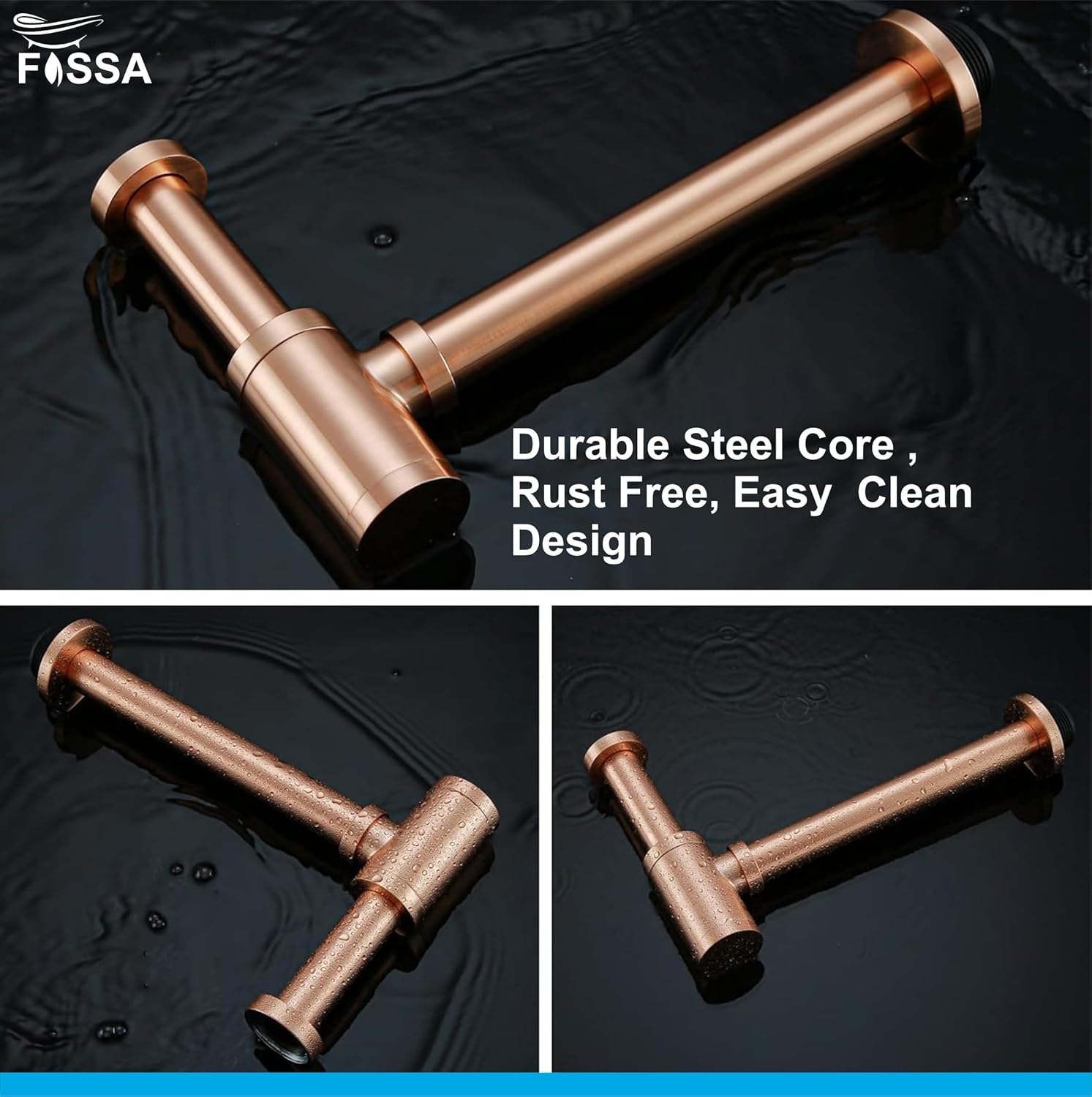 Fossa Steel Bottle Trap for Wash basins | Bottle Trap With Wall Flange and 12 Inches Pipe | Chrome Finish (Stainless Steel) Rose Gold - Fossa Home