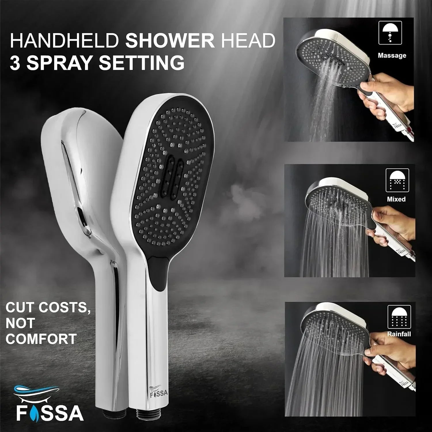 Fossa Thunder Black Luxury Handheld Shower Head with 3 Spray Setting Modes, Multi - Function, Large Hand Shower with Wall Hook and 1M SS Shower Tube,Handheld Shower for Bathroom Chrome Finish (Only Hand Shower ) - Fossa Home