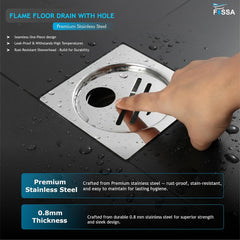Fossa 5"x5" Design Floor Drain | Stainless Steel Square Bathroom Grating Jali | Rust-Resistant Drain Cover | Modern Floor Drain for Bathrooms (Chrome Finish) (Flame with Hole)