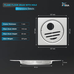 Fossa 5"x5" Design Floor Drain | Stainless Steel Square Bathroom Grating Jali | Rust-Resistant Drain Cover | Modern Floor Drain for Bathrooms (Chrome Finish) (Flame with Hole)