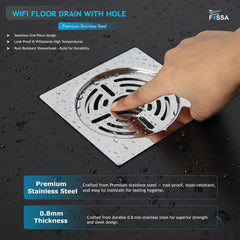 Fossa WiFi 5"x5" Design Floor Drain with Hole| Stainless Steel Square Bathroom Grating Jali | Rust-Resistant Drain Cover | Modern Floor Drain for Bathrooms (Chrome Finish)