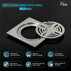 Fossa WiFi 5"x5" Design Floor Drain with Hole| Stainless Steel Square Bathroom Grating Jali | Rust-Resistant Drain Cover | Modern Floor Drain for Bathrooms (Chrome Finish)