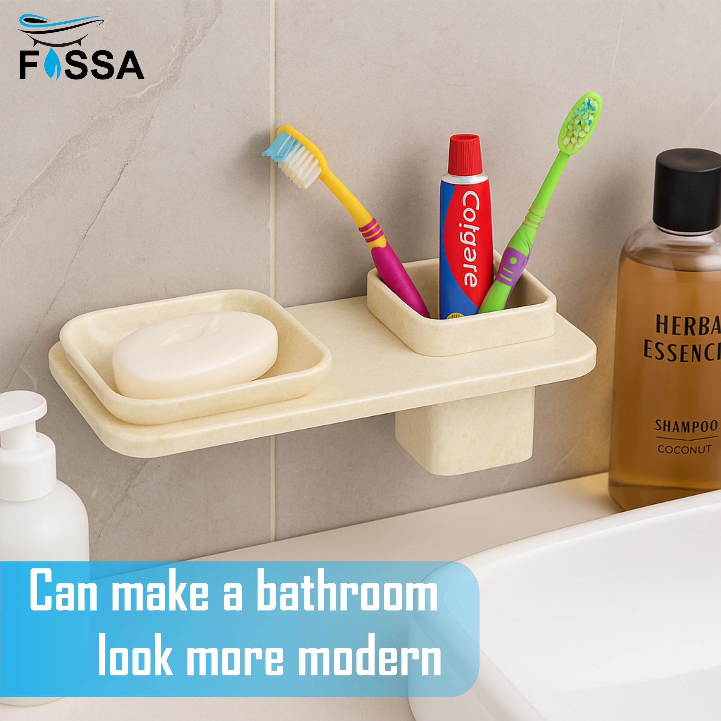 Fossa Classic Ceramic Wall Mounted Square Soap Dish with Toothbrush Holder – Unbreakable Design, Hygienic Surface, Rust & Fade Proof, Self-Drain Tray | Stylish Bathroom Organizer | Ivory (Glossy Finish) - Fossa Home 