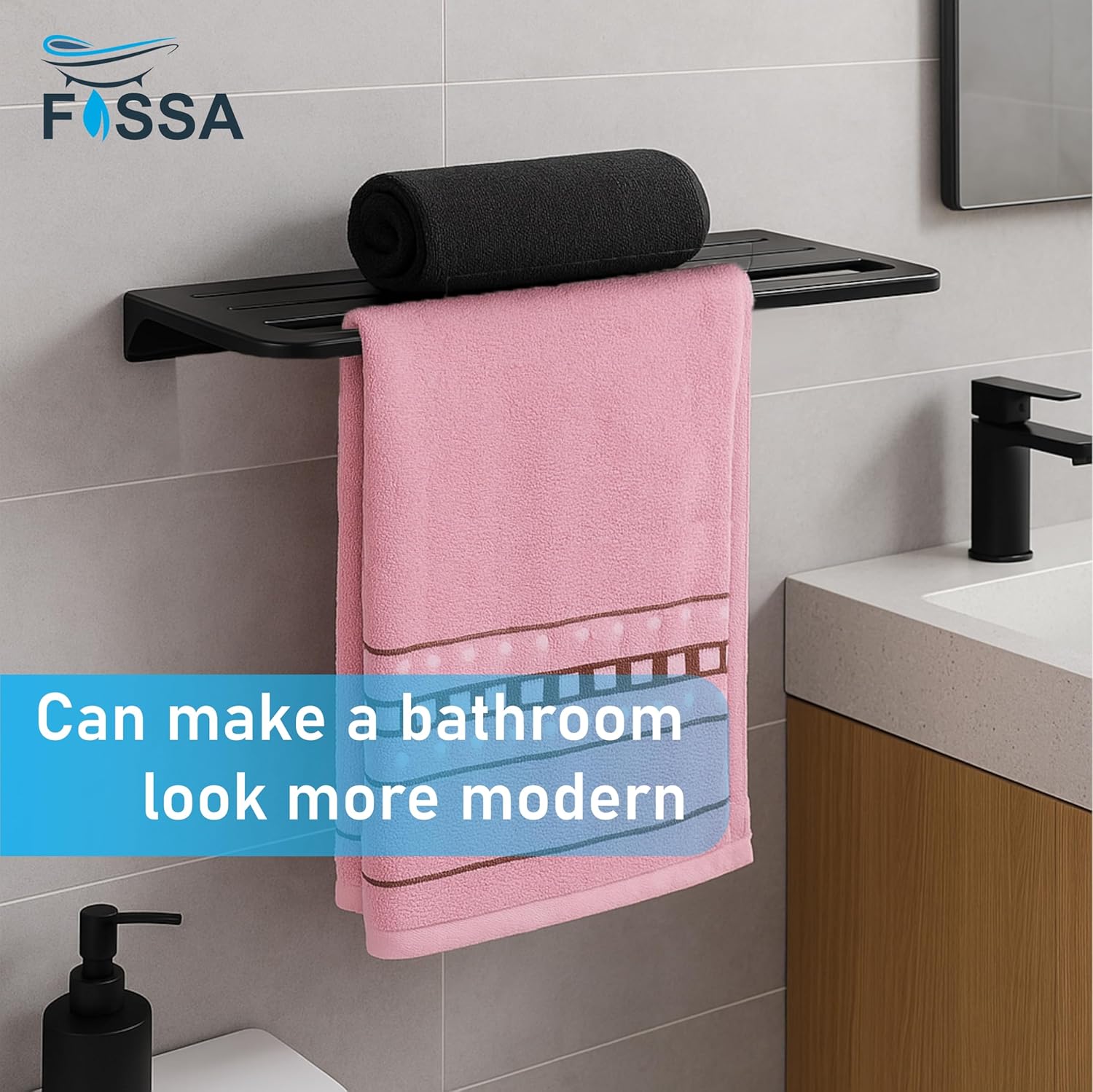 Towel Rack with Towel Holder Towel Hanger for Bathroom Napkin Stand for Bathroom Accessories Wall-Mount Towel Holder Glossy Finish (Black) - Fossa Home 