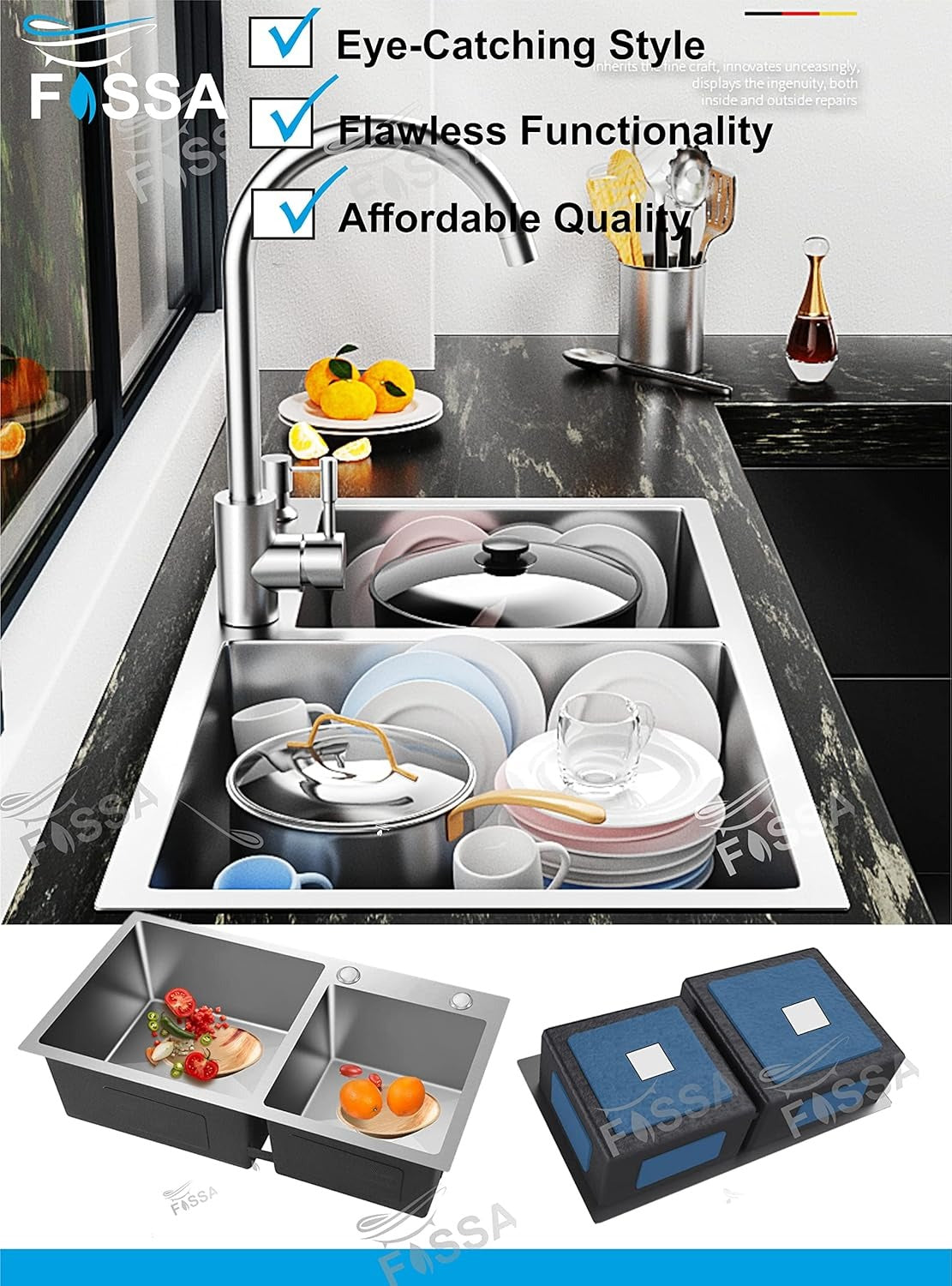 Double Bowl Tap Hole Handmade 304 Stainless Steel Kitchen Sink (37X18x10) - Fossa Home 