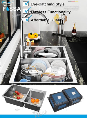 Double Bowl Tap Hole Handmade 304 Stainless Steel Kitchen Sink (37X18x10) - Fossa Home 