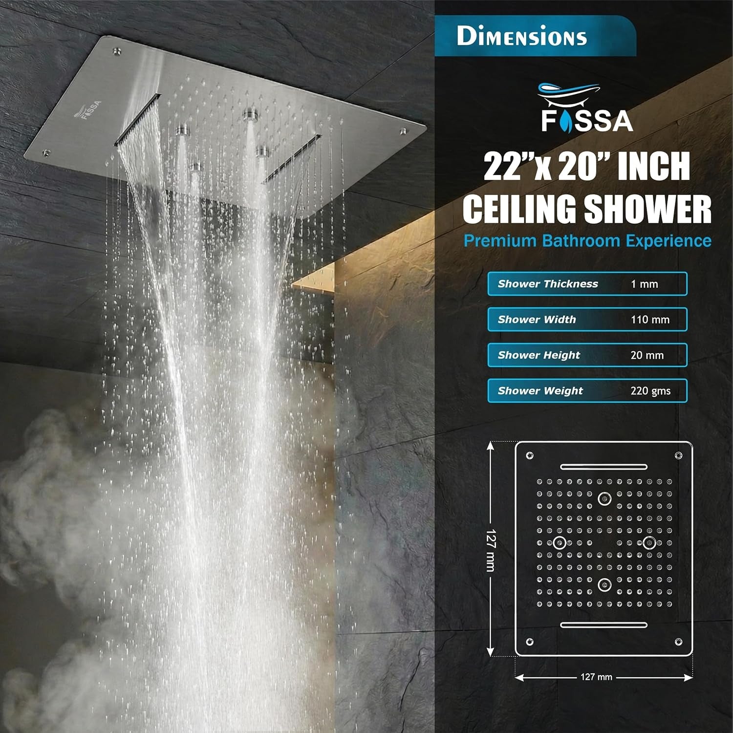 Three Mode Overhead Shower Mist,Rain,Waterfall (22x20 Inch)