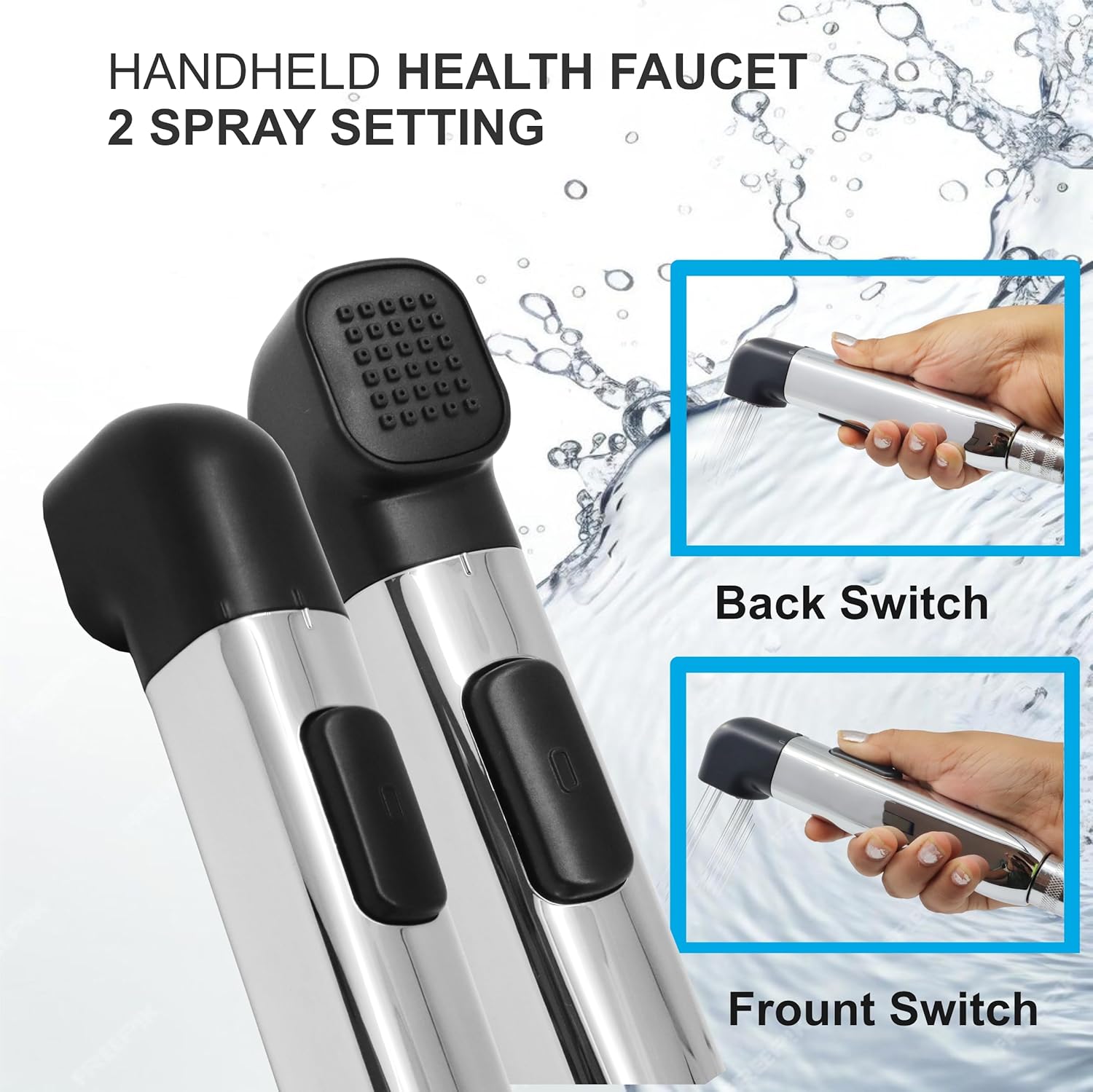 Handheld health faucet with two spray settings on a white background