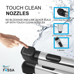 Fossa touch clean nozzles with water splash and product features highlighted