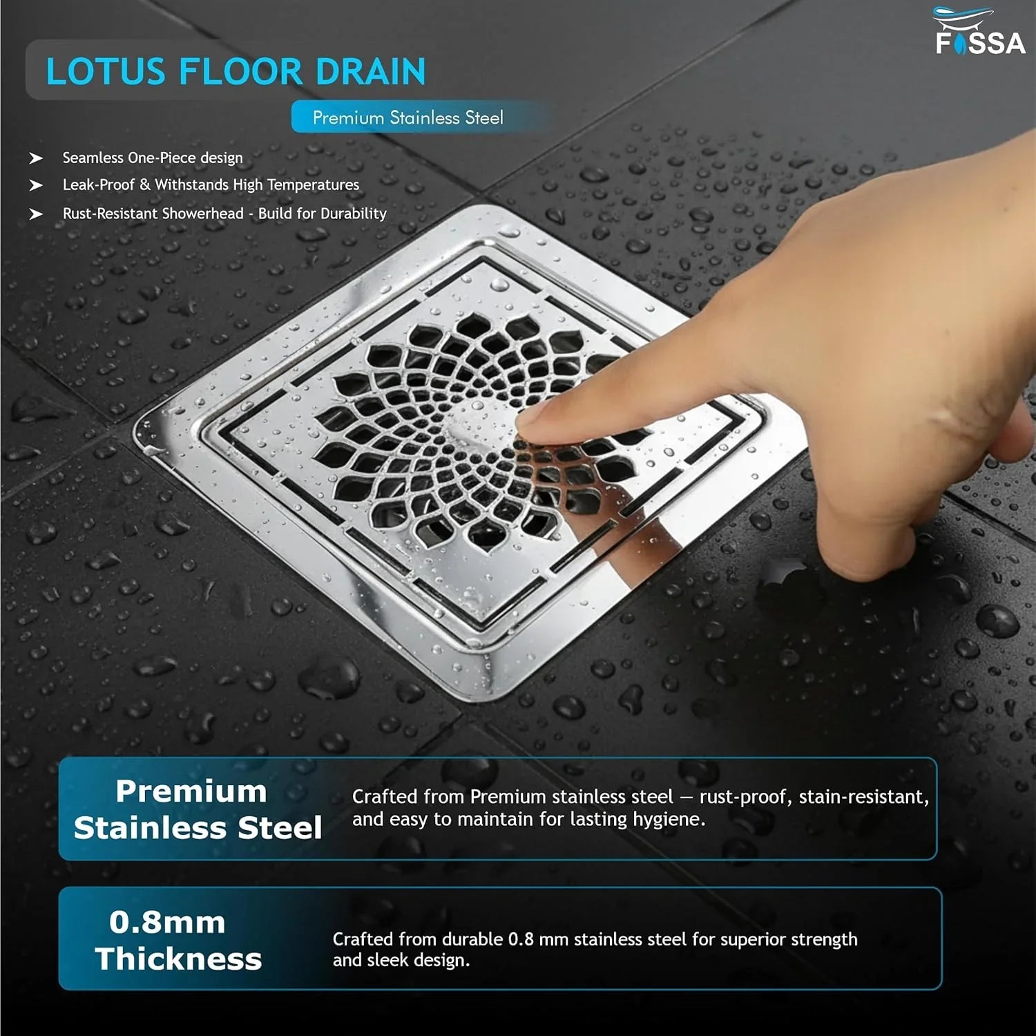 premium stainless steel lotus floor drain 5x5 inch square design
