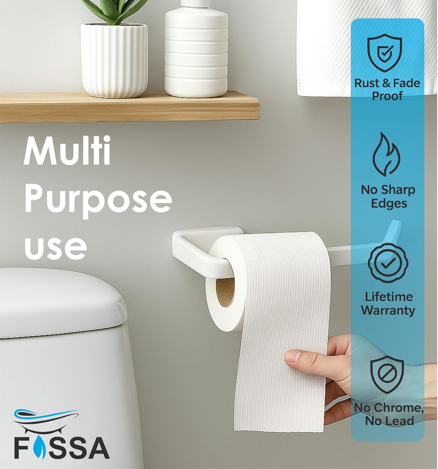 Fossa Classic Unbreakable Wall Mounted Ceramic Napkin Ring & Towel Holder for Bathroom & Kitchen – Space-Saving, Anti-Rust Towel Hanger | Stylish Bathroom Accessory – White (Glossy Finish) - Fossa Home 