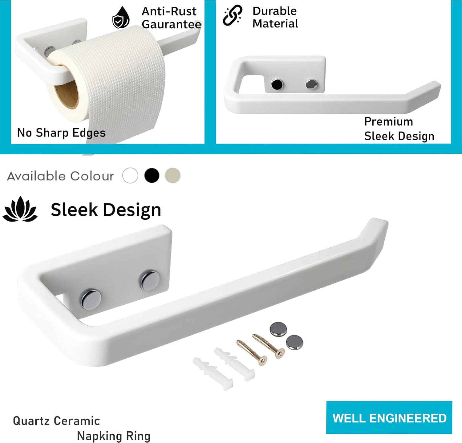 Fossa Classic Unbreakable Wall Mounted Ceramic Napkin Ring & Towel Holder for Bathroom & Kitchen – Space-Saving, Anti-Rust Towel Hanger | Stylish Bathroom Accessory – White (Glossy Finish) - Fossa Home 