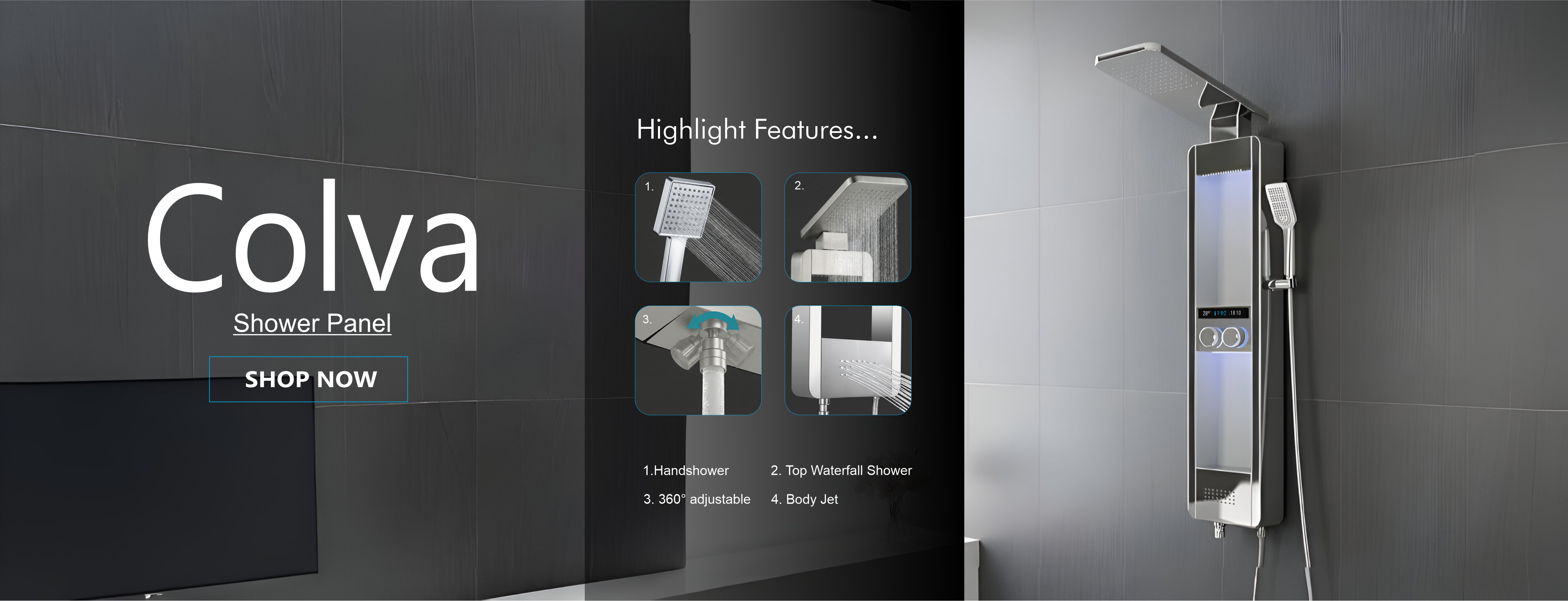 stainless steel panel shower system with modern wall mounted design