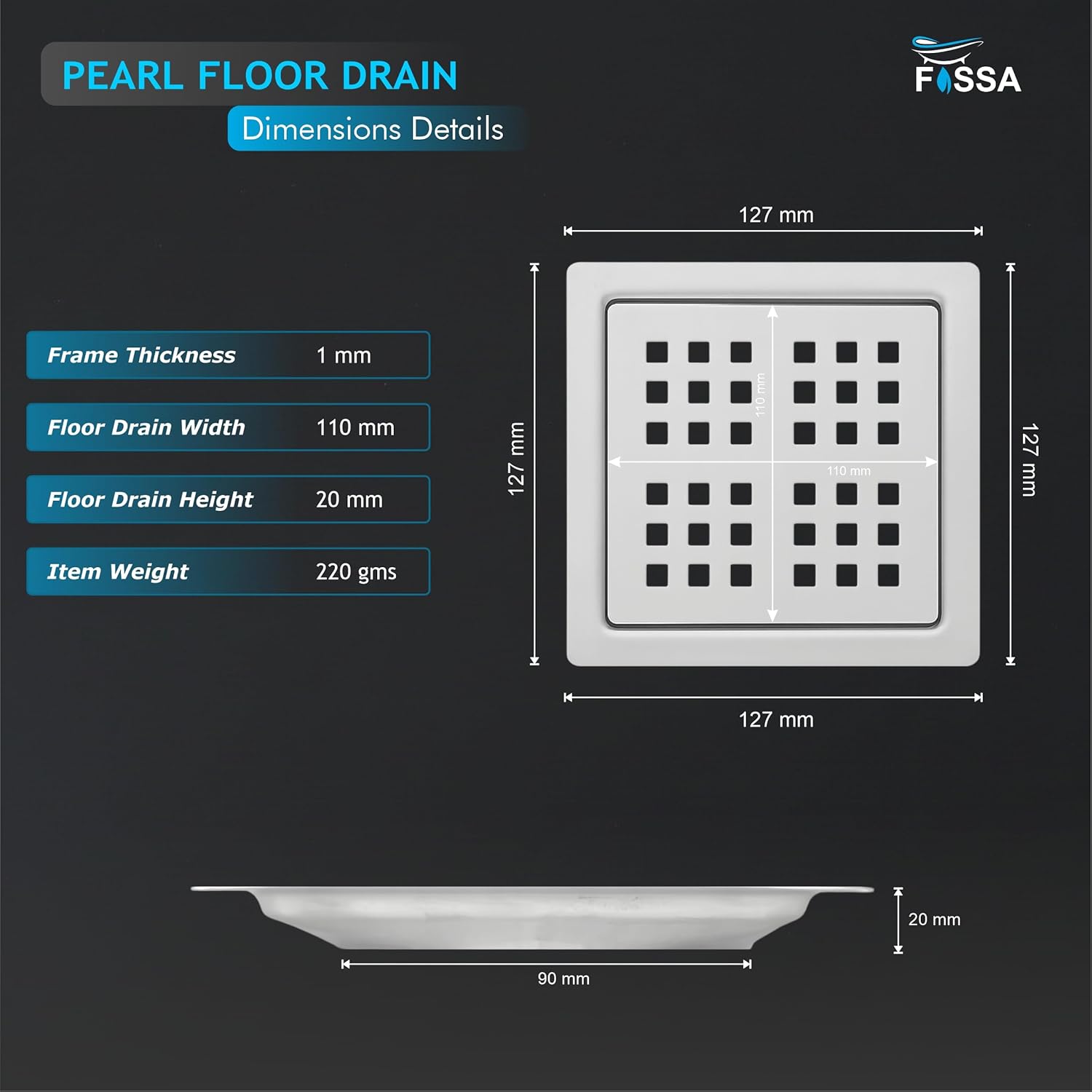 Pearl Floor Drain (5 x 5 Inches) Premium Stainlees Steel
