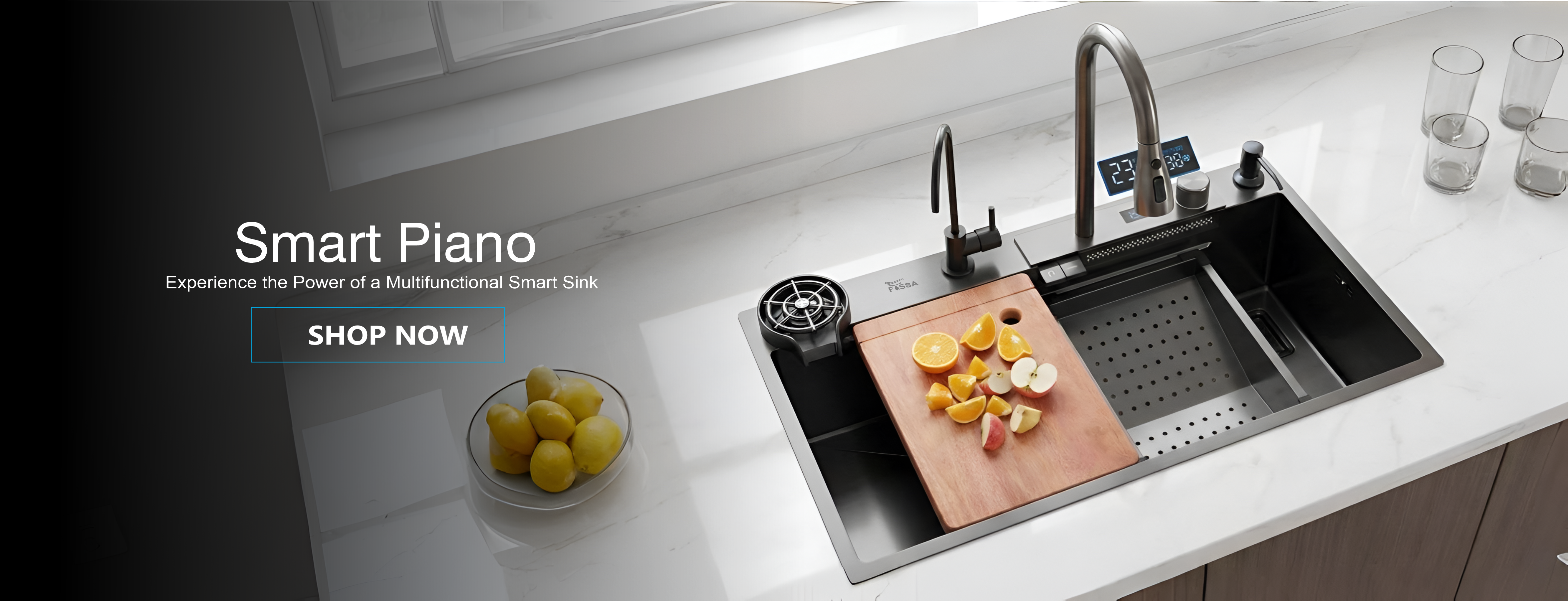 Piano sink with modern waterfall design for kitchen use