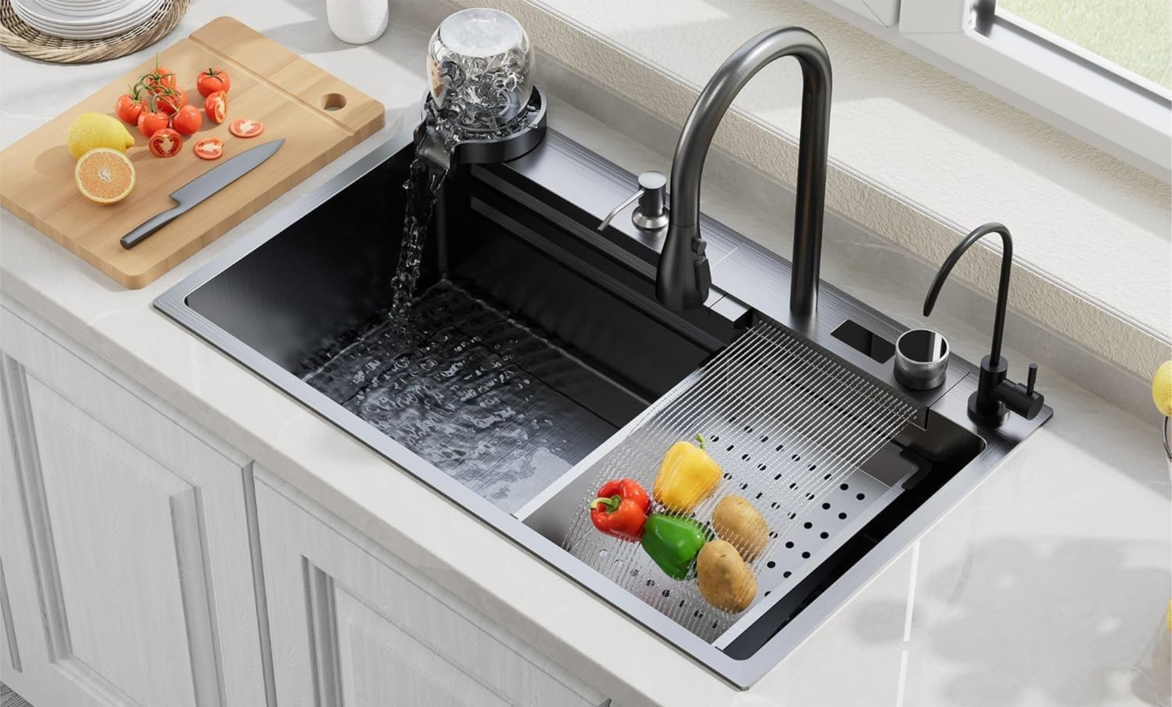Modern kitchen sink with fruit and vegetables on a white countertop