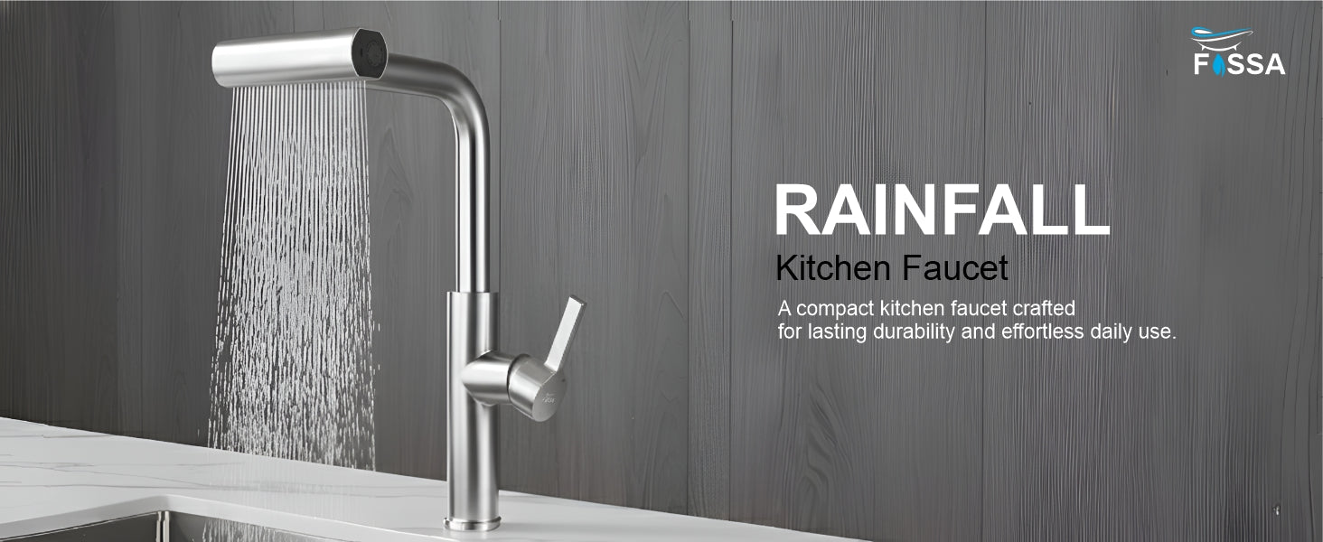 Rainfall kitchen faucet with water flowing against a wooden background, featuring Fossa branding.