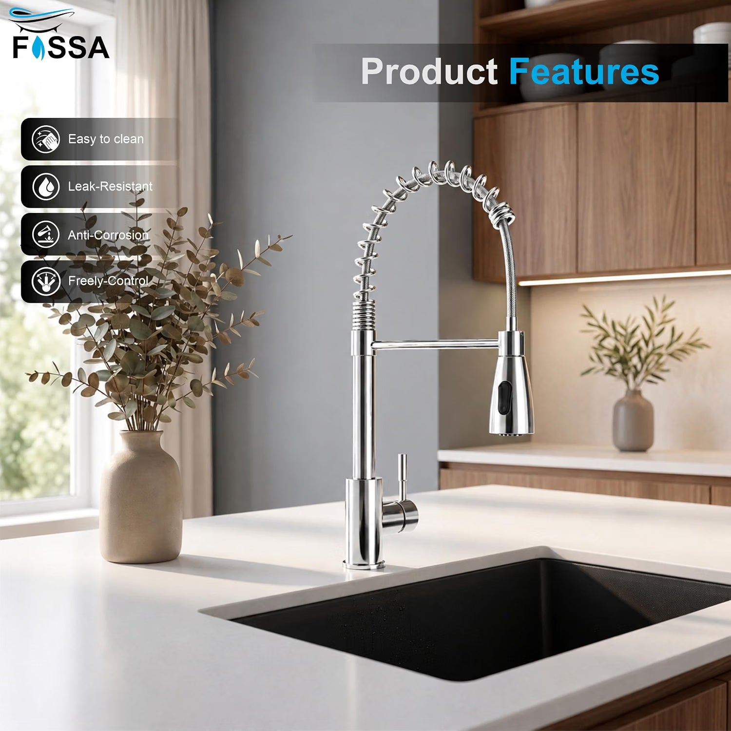 Silver Ripple spray mixer for kitchen sink with extendable nozzle and smooth rotating spout for convenient cleaning