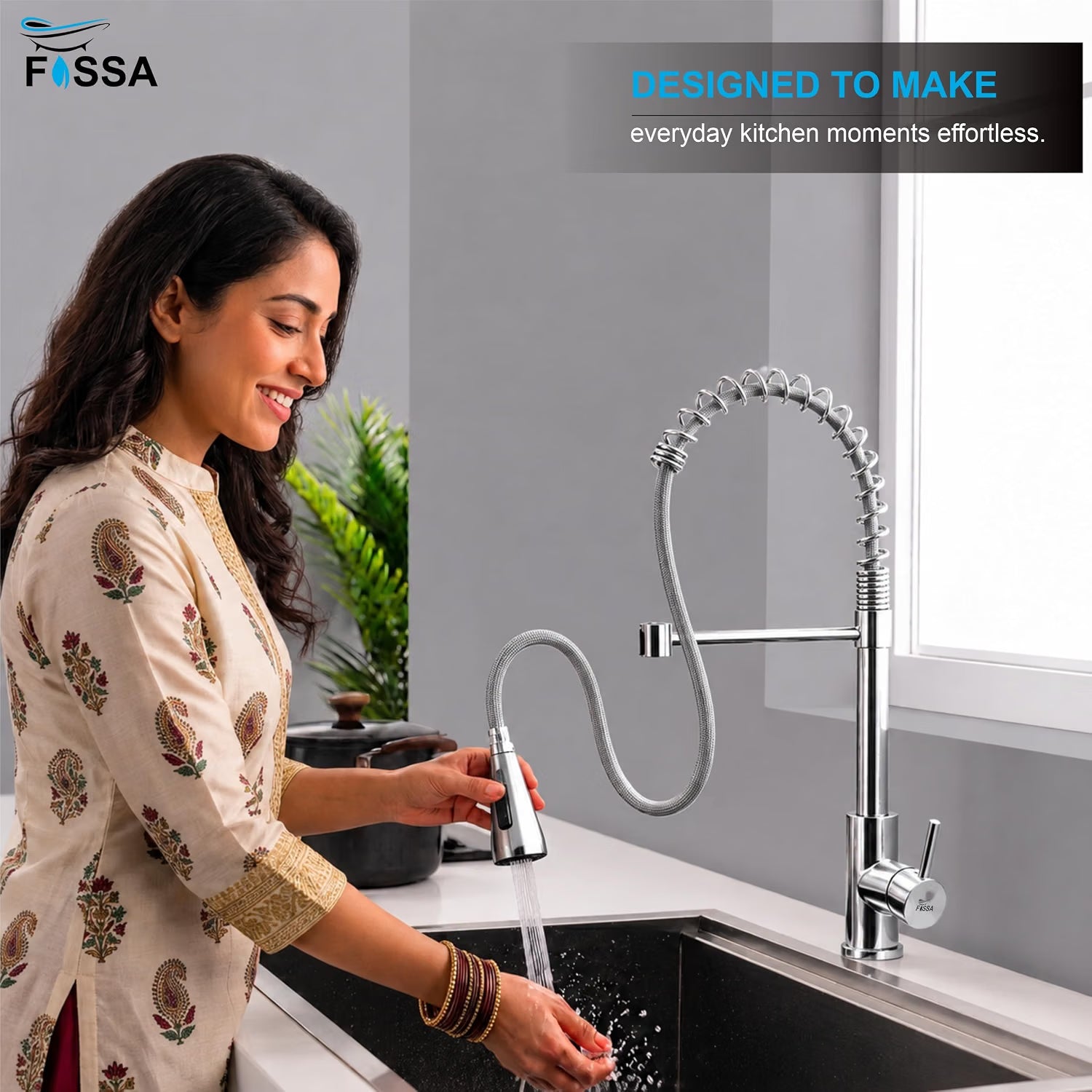 Ripple silver water mixer for kitchen featuring hot and cold supply, two-flow outlet and durable steel construction