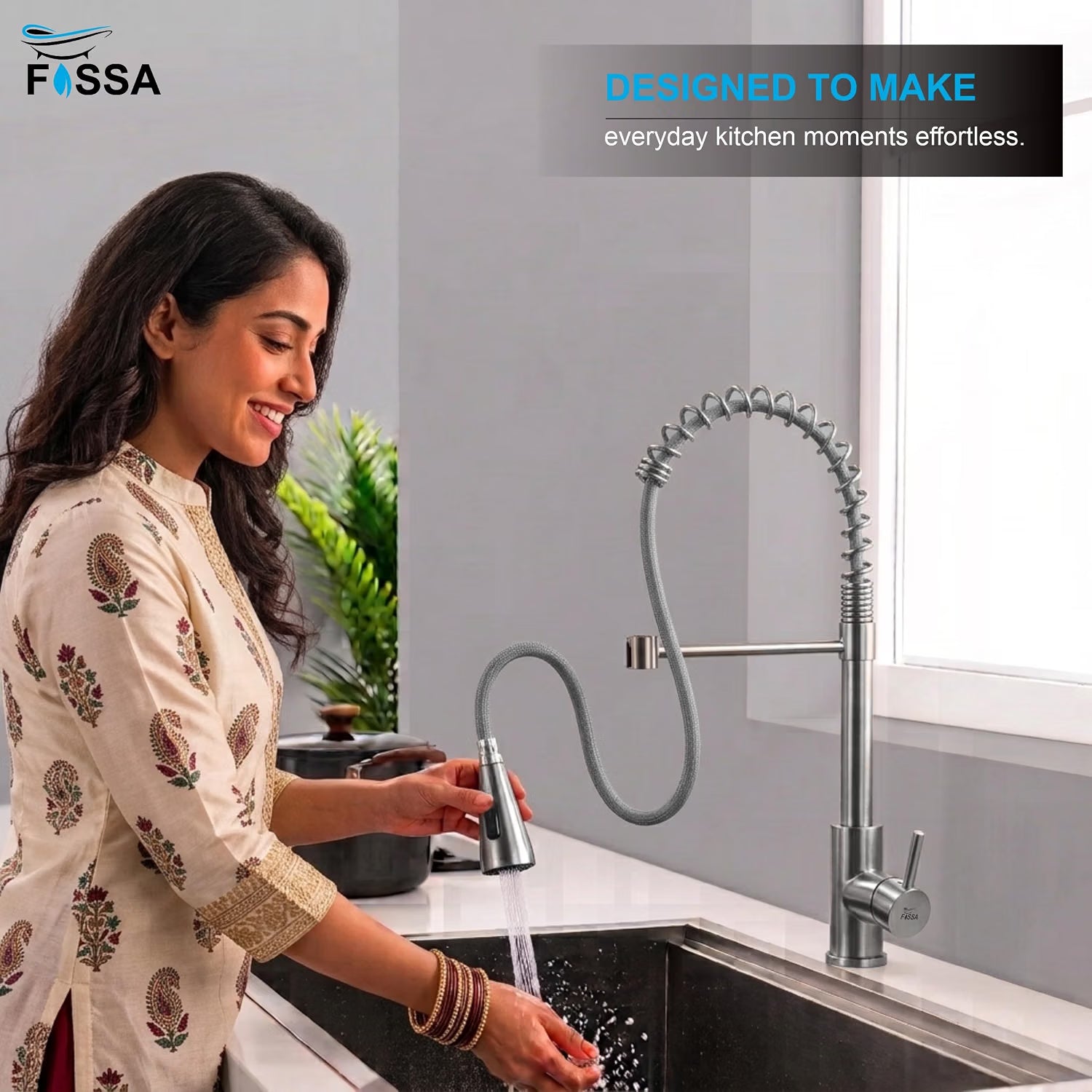 Ripple Stainless Steel Kitchen Tap with polished chrome surface, 360° rotating spout and hot cold water control
