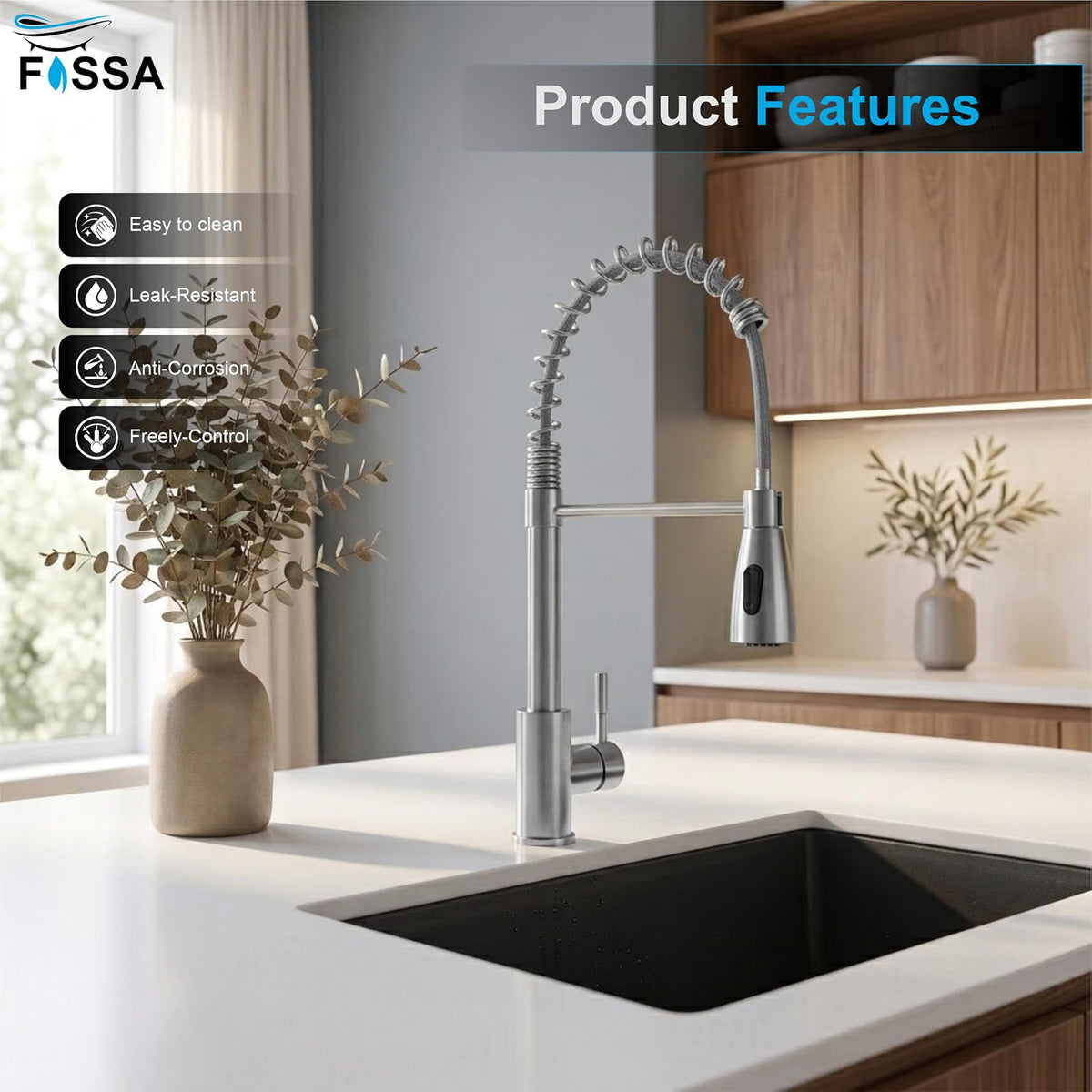 Ripple SUS 304 Chrome Faucet featuring a flexible spray nozzle, hot and cold mixer connection and rotating spout