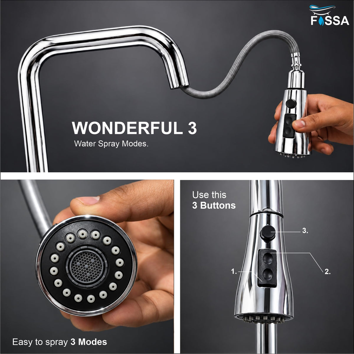 Rosa 3-Way Chrome Silver Kitchen Faucet Installed at a Modern Kitchen Sink for Everyday Washing