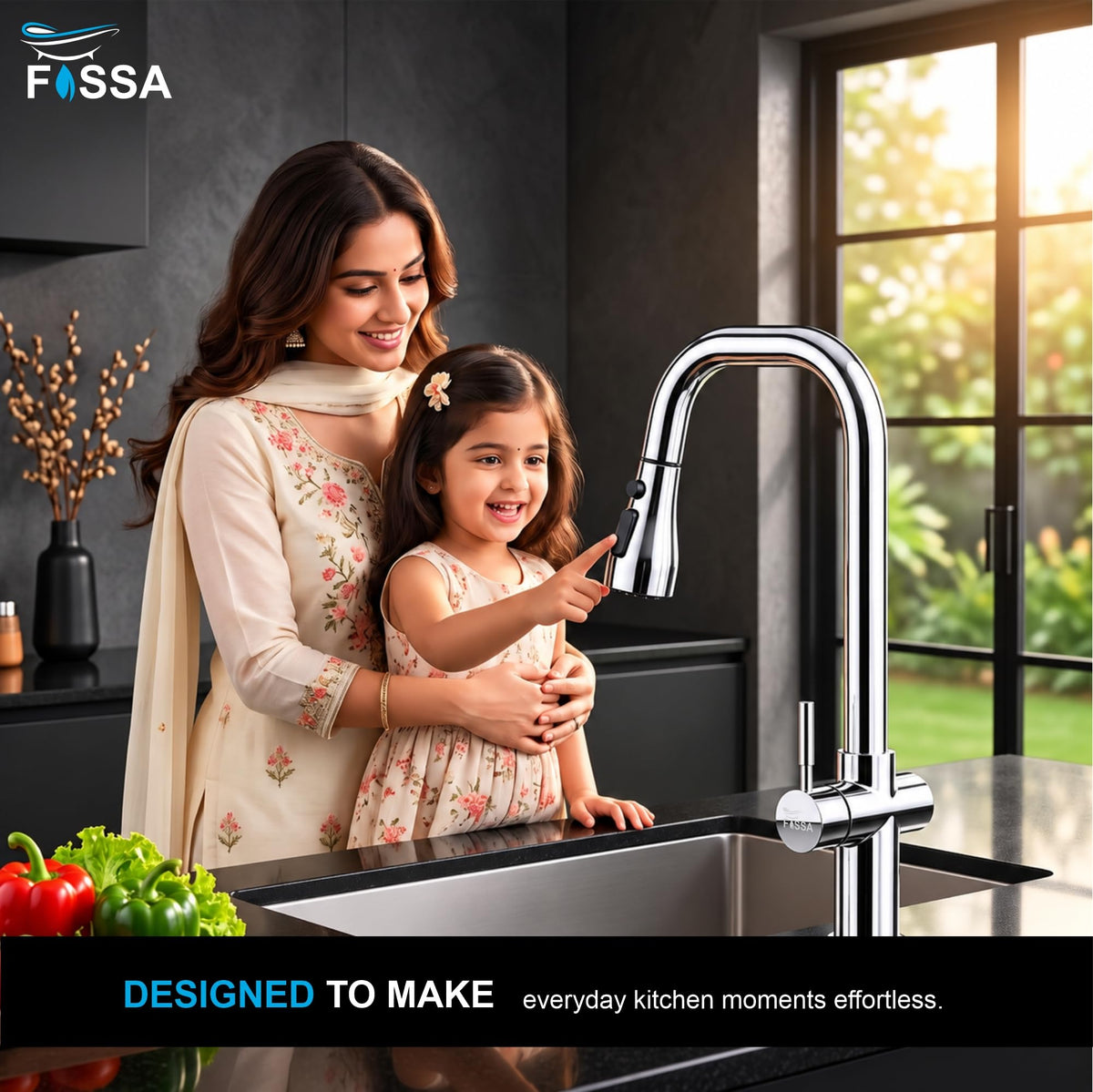 Side View of Rosa 3-Way Stainless Steel Kitchen Faucet Featuring a Modern Design and 360° Swivel Spout