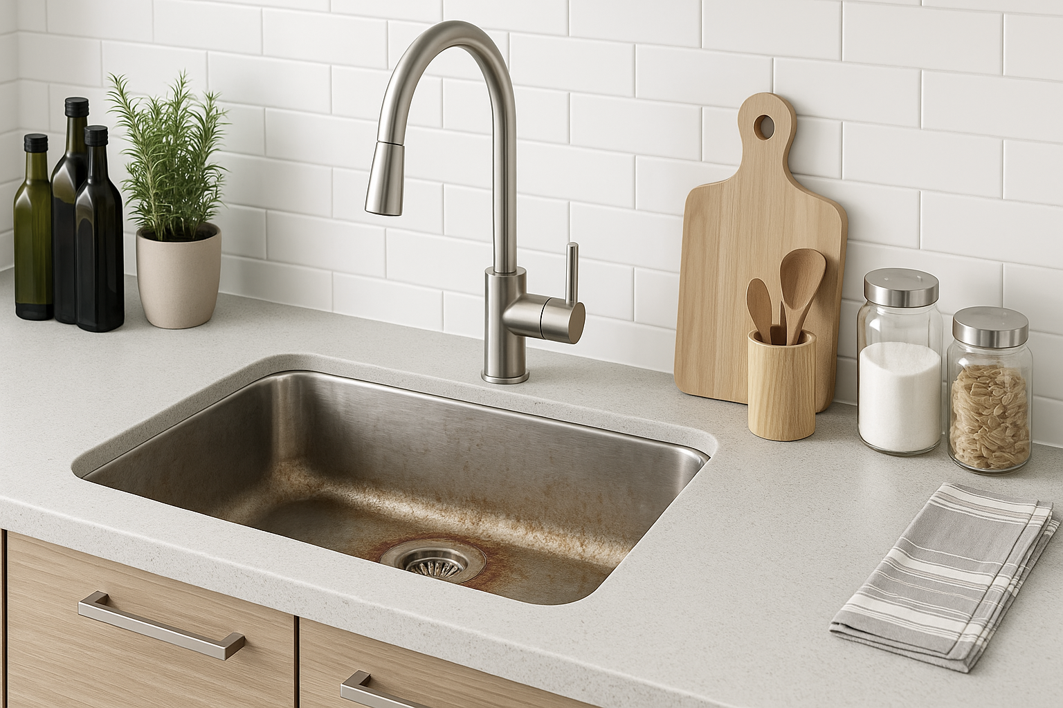 Modern kitchen sink with faucet, cutting boards, and kitchen utensils on a white tiled wall background.
