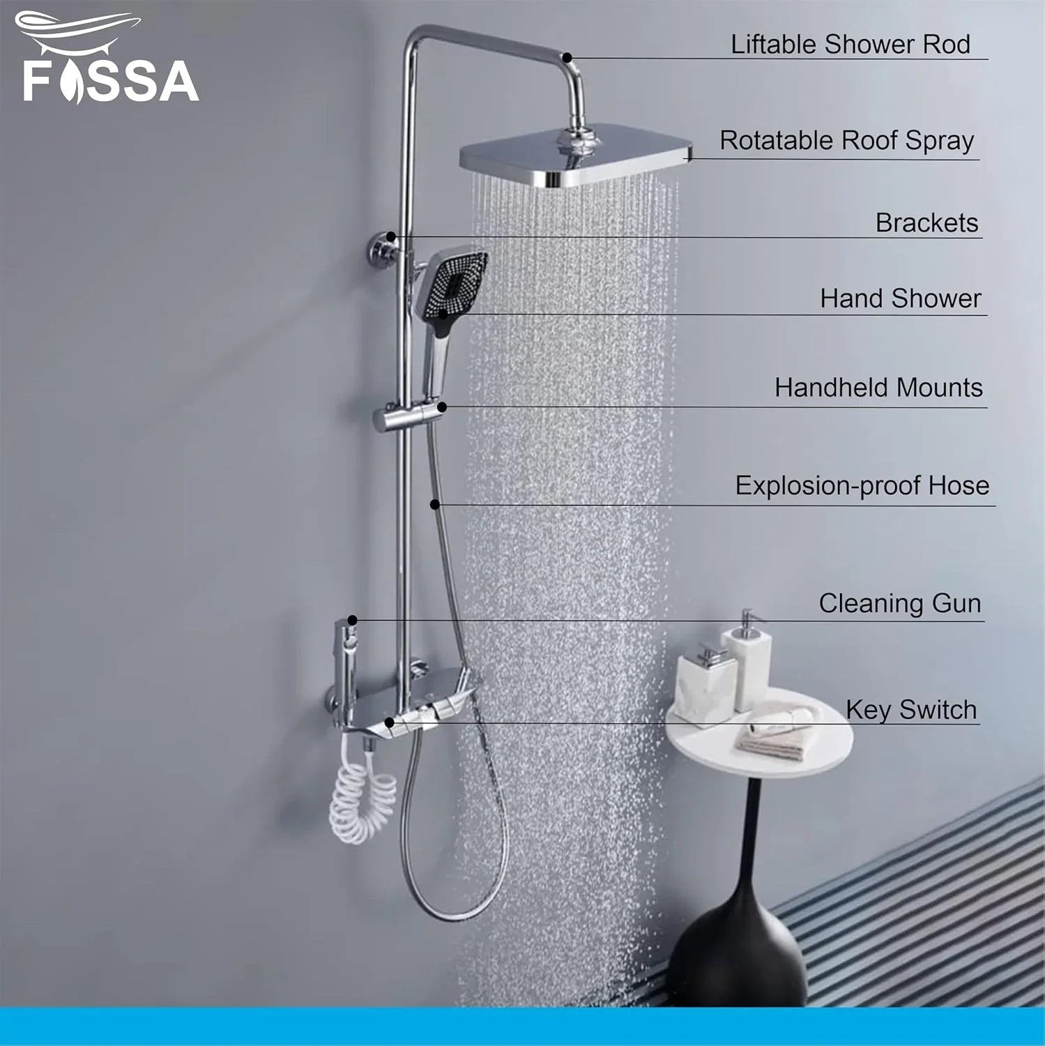 Shower System Thermostatic Shower Faucet Set Wall Mount Rain Shower Combo Set with Piano and Shower Tub Spout, Handheld Sprayer, 10 Inch Rain Shower Head, Bidet Spray, Chrome Finish - Fossa Home